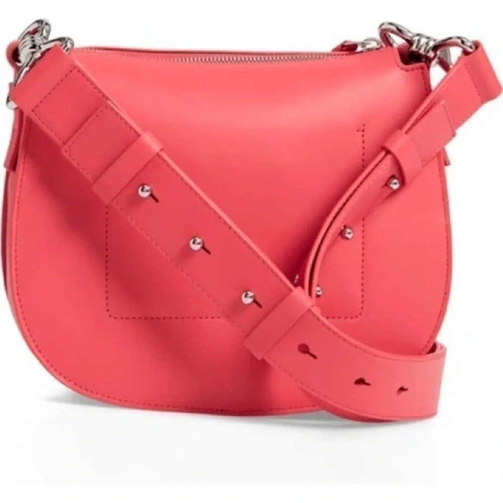 New RARE ALLSAINTS Captain Round Leather Crossbody Bag Coral Pink Pebbled
